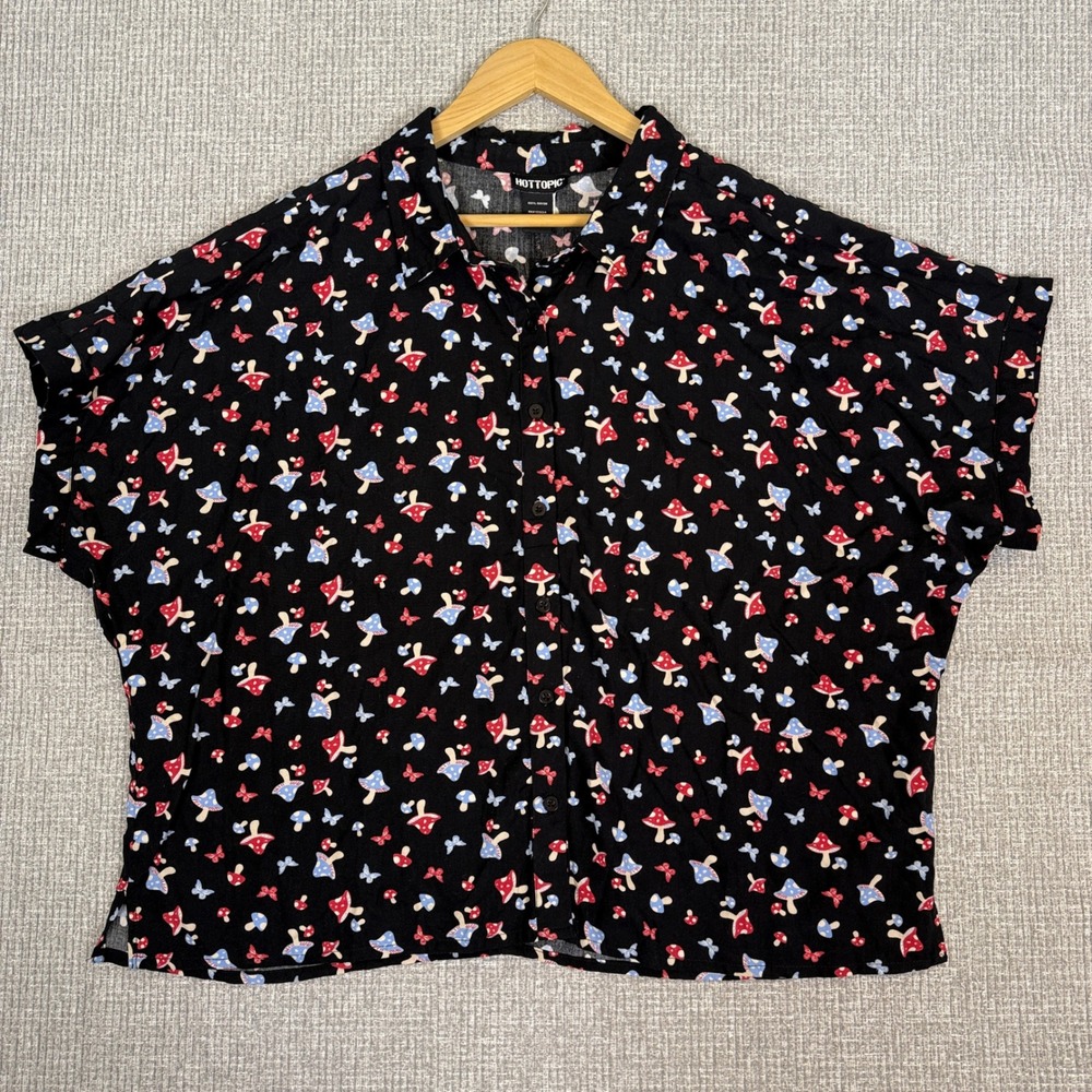 Hot Topic Mushroom Butterfly Print Button‎ Up Short Sleeve Top 2XL Boxy